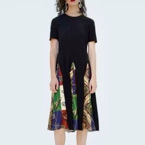 ZARA Pleated Patchwork Scarf Chain Print Pullover Midi T-Shirt Dress Black S